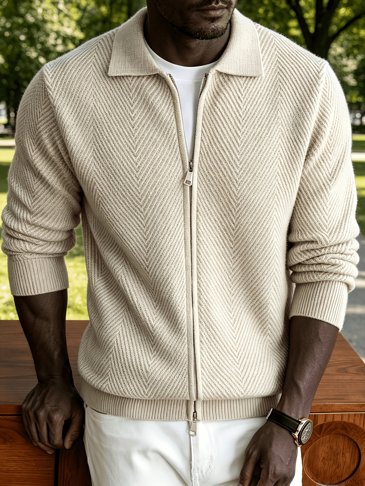 Nolan Chevron Zip Cardigan - Apricot
