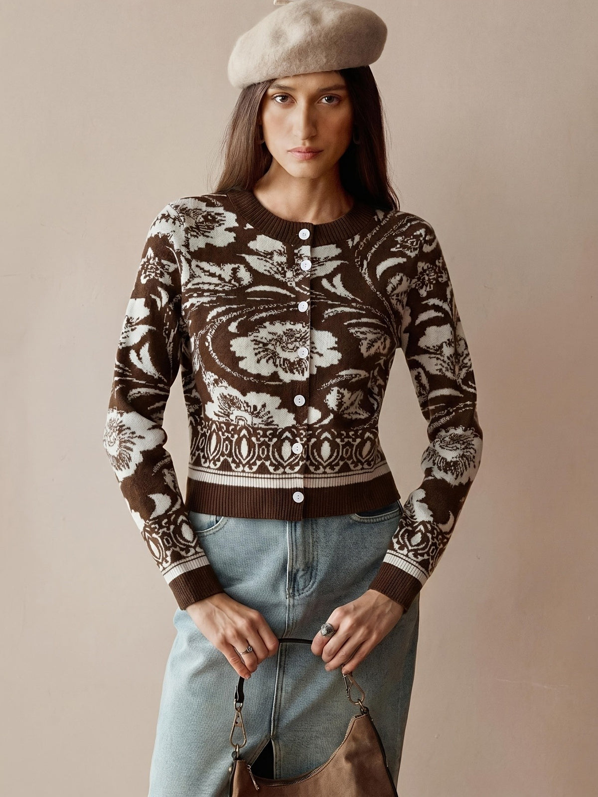 Brielle Flora Cardigan - Coffee