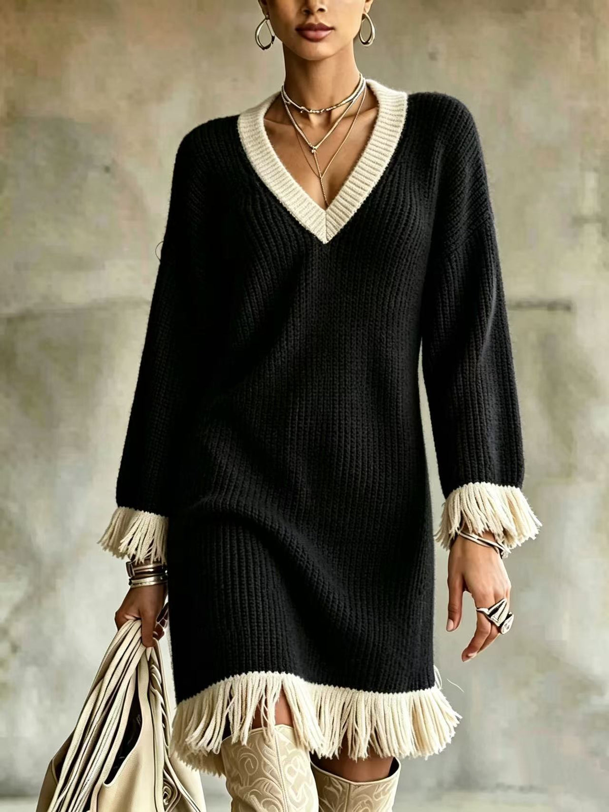 Elara Fringe Dress - Black