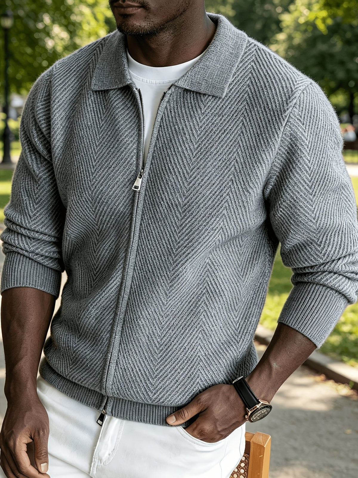Nolan Chevron Zip Cardigan - Grey