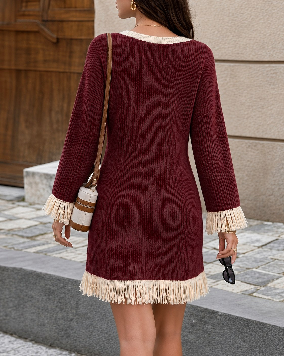 Elara Fringe Dress - Wine Red