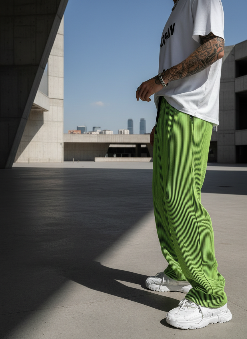 Brutalist plaza with neon green striped pants
