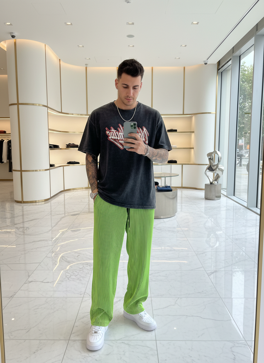 Mirror selfie in designer boutique with neon green pants