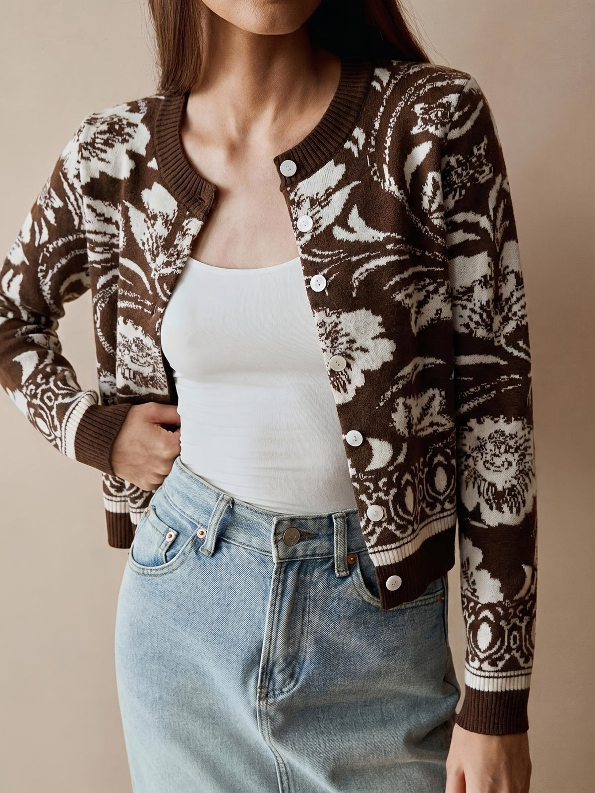Brielle Flora Cardigan - Coffee