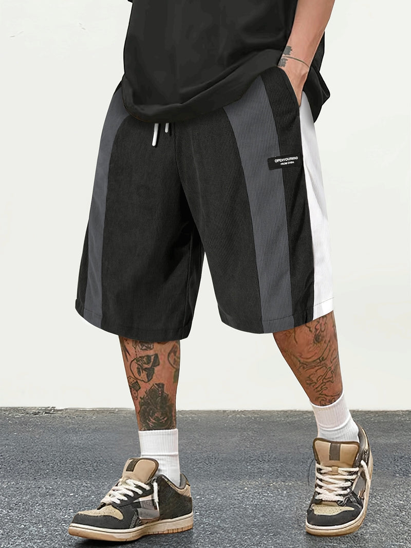 Men'S Casual Color Block Corduroy Shorts - Spring/Summer 2025 Collection, Purple/White/Black Striped and Solid Design, Loose Fit Beach and Everyday Fashion, 100% Polyester, Casual Summer Wear | Color Block Shorts | Woven Texture