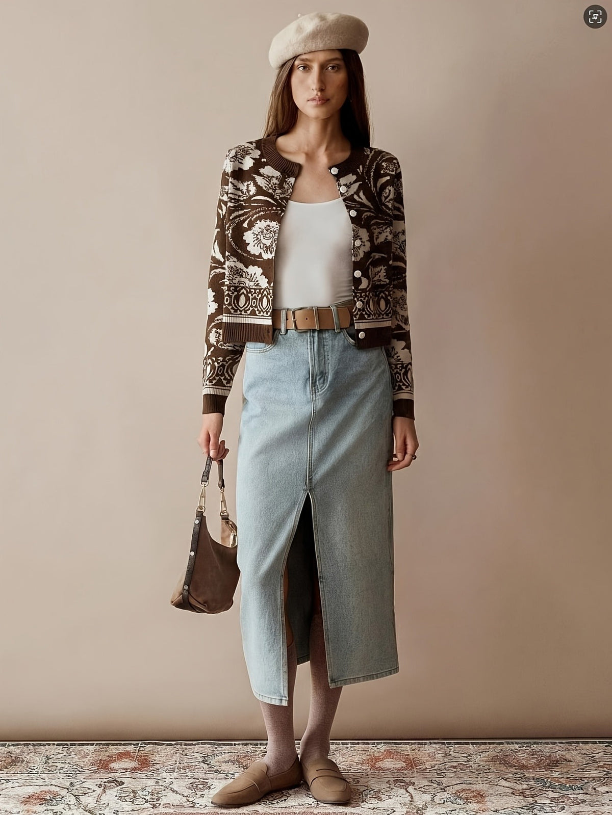 Brielle Flora Cardigan - Coffee