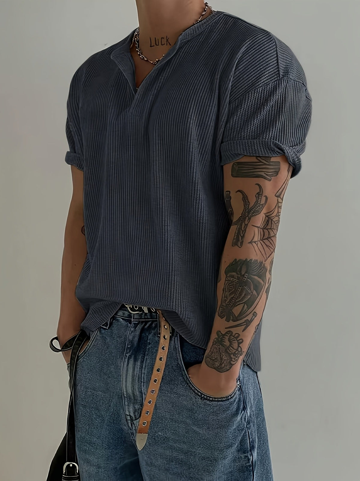 Finn Rib Henley - Slate Blue