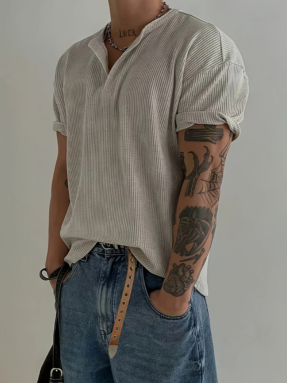 Finn Rib Henley - Light Grey