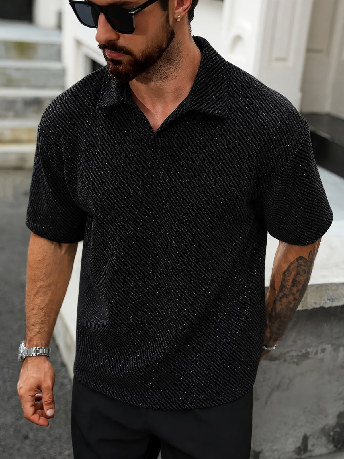 Reed Herringbone Polo - Black
