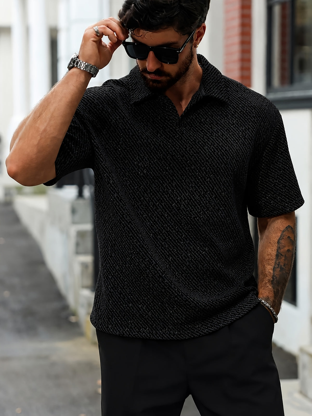 Reed Herringbone Polo - Black