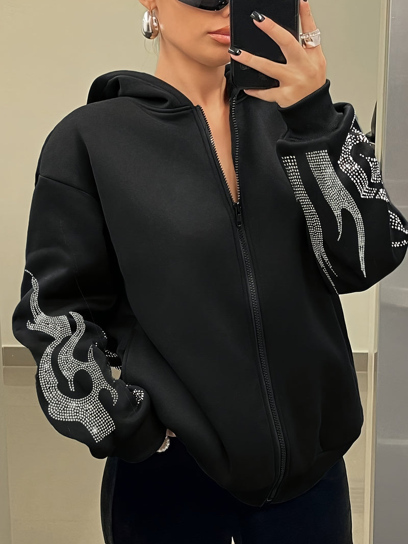 Women's Casual Hooded Sweatshirt with Geometric Pattern, Zip-Up Closure, Polyester and Spandex Blend, Machine Washable - All Seasons