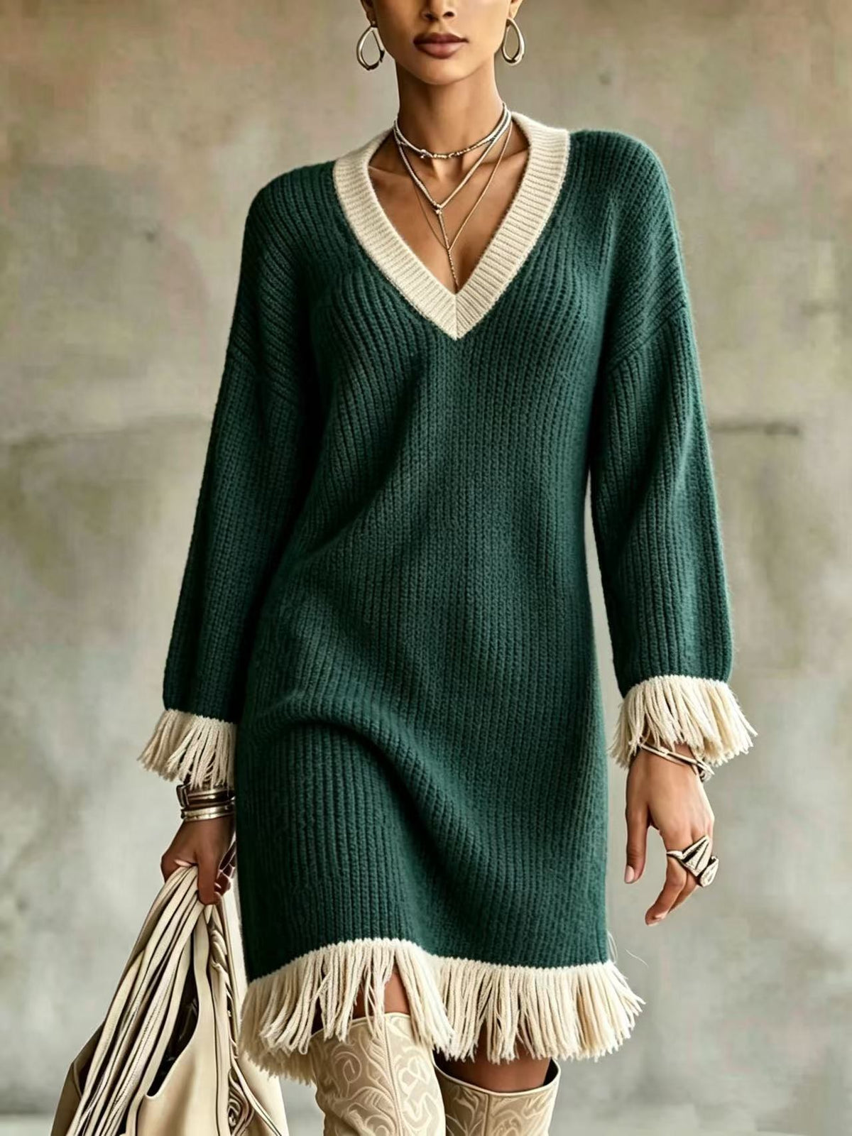 Elara Fringe Dress - Dark Green