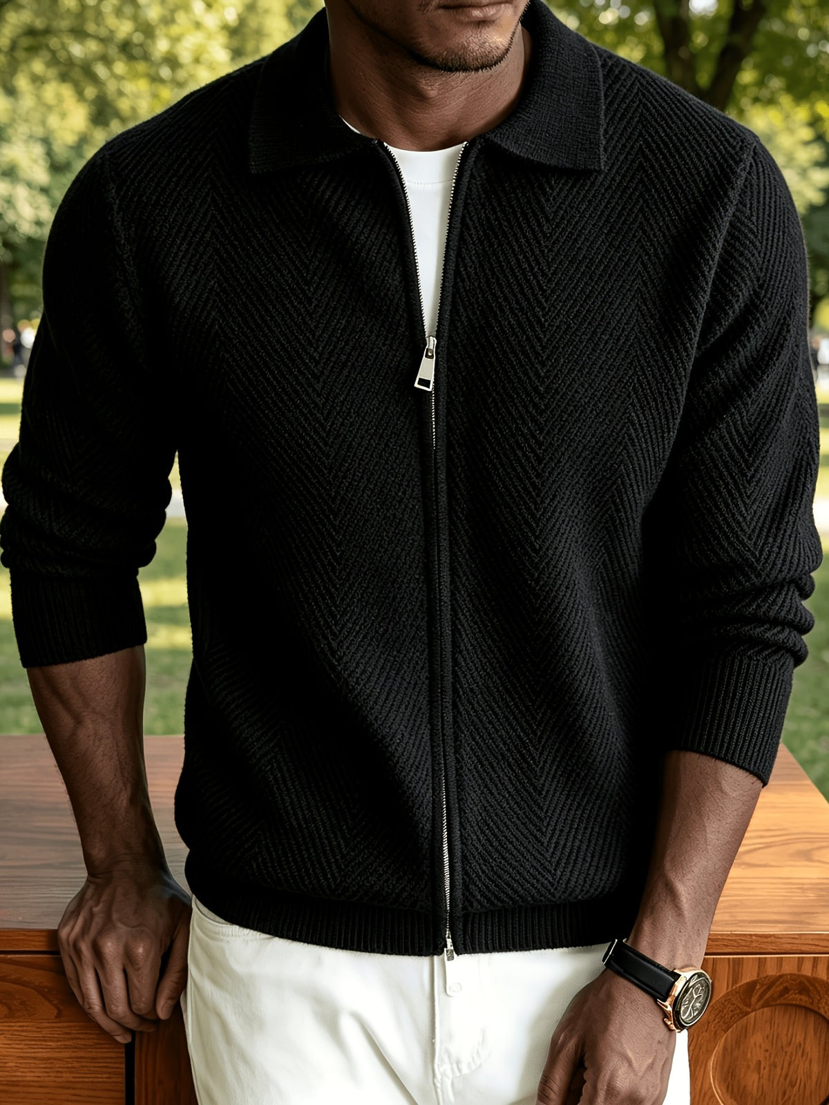 Nolan Chevron Zip Cardigan - Black
