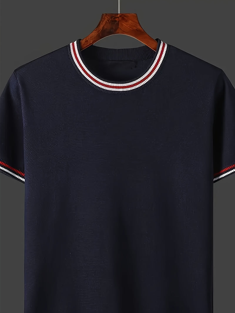 [Summer Men's Knit Top] Summer Fashion Men's Casual Crew Neck Short Sleeve Knit Top | Solid Color Rayon Blend, Medium Stretch, Ideal for Spring/Fall