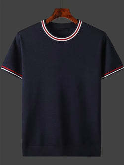 [Summer Men's Knit Top] Summer Fashion Men's Casual Crew Neck Short Sleeve Knit Top | Solid Color Rayon Blend, Medium Stretch, Ideal for Spring/Fall