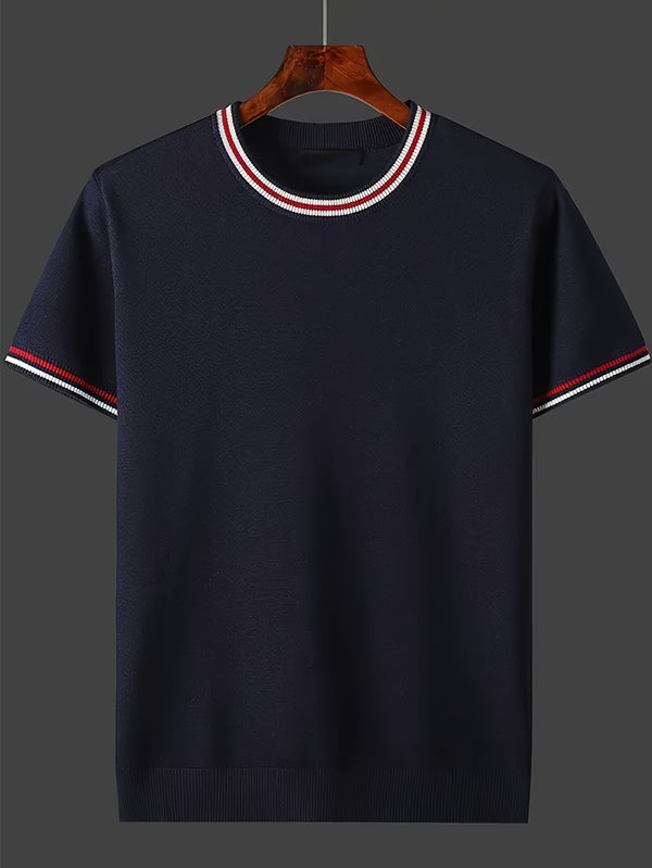 [Summer Men's Knit Top] Summer Fashion Men's Casual Crew Neck Short Sleeve Knit Top | Solid Color Rayon Blend, Medium Stretch, Ideal for Spring/Fall