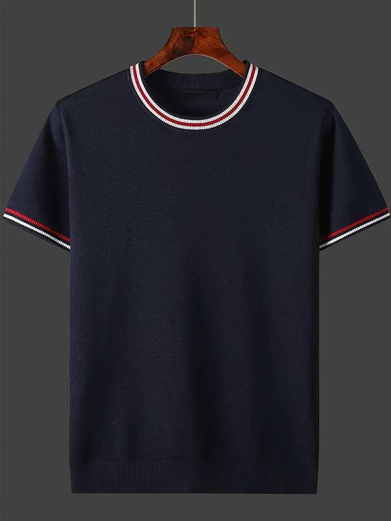 [Summer Men's Knit Top] Summer Fashion Men's Casual Crew Neck Short Sleeve Knit Top | Solid Color Rayon Blend, Medium Stretch, Ideal for Spring/Fall