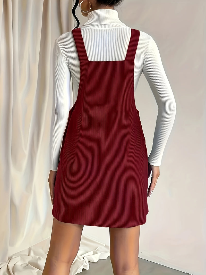 Solid Pocket Front Overall Dress, Elegant Sleeveless Dress With Buttons, Women's Clothing