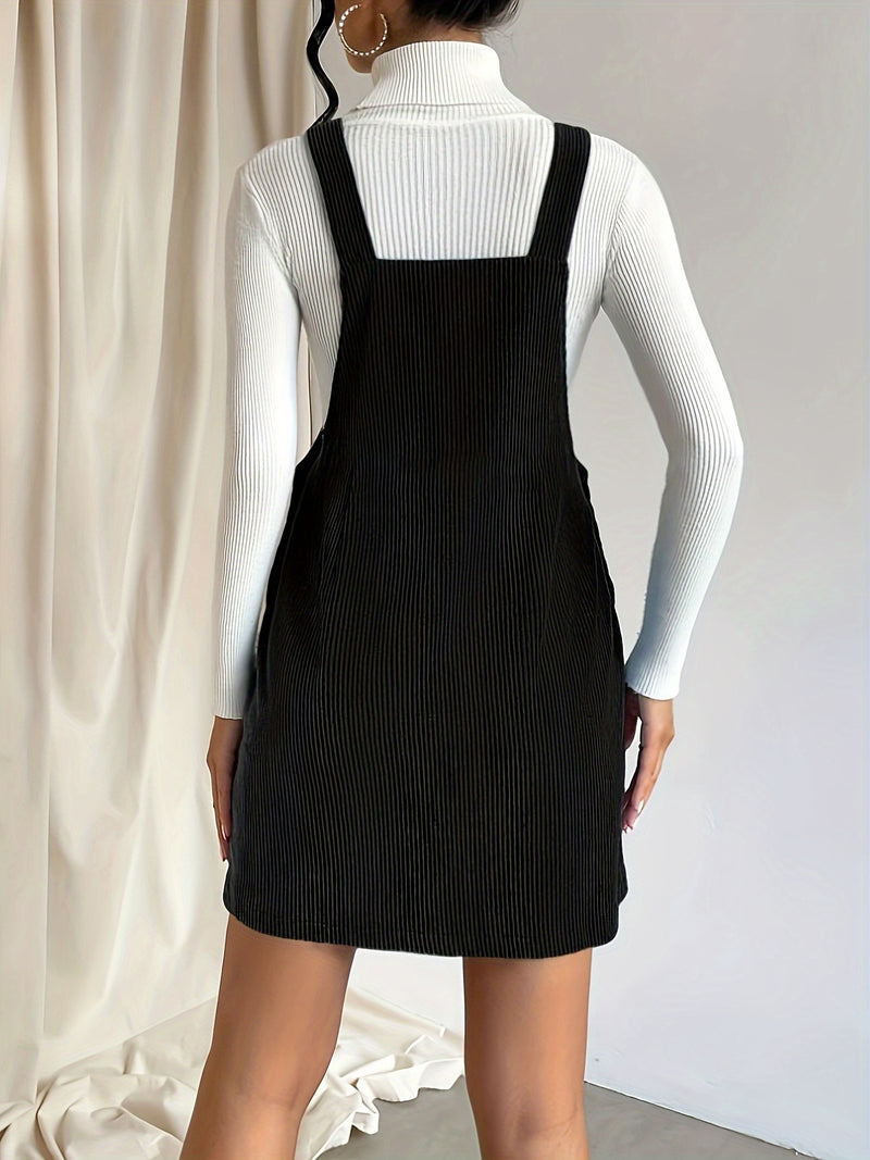 Solid Pocket Front Overall Dress, Elegant Sleeveless Dress With Buttons, Women's Clothing