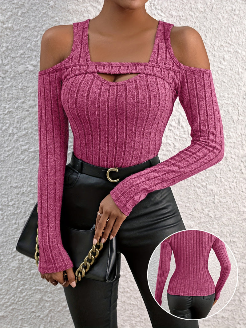 [Polyester Crew Neck Tee] Elegant Solid Color Crew Neck Tee - Polyester 96% Elastane 4% Knit Fabric, Hollow Detail, Regular Length, All Seasons - 160g/m²