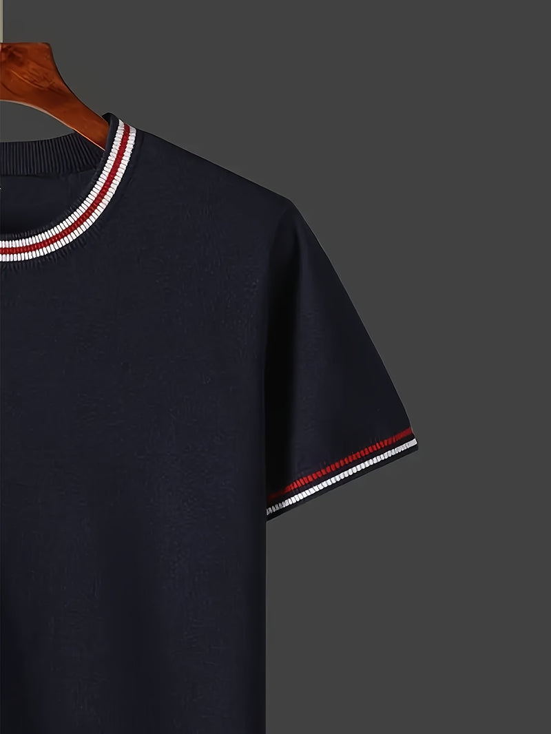 [Summer Men's Knit Top] Summer Fashion Men's Casual Crew Neck Short Sleeve Knit Top | Solid Color Rayon Blend, Medium Stretch, Ideal for Spring/Fall