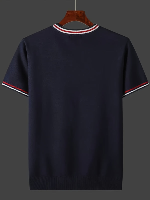 [Summer Men's Knit Top] Summer Fashion Men's Casual Crew Neck Short Sleeve Knit Top | Solid Color Rayon Blend, Medium Stretch, Ideal for Spring/Fall
