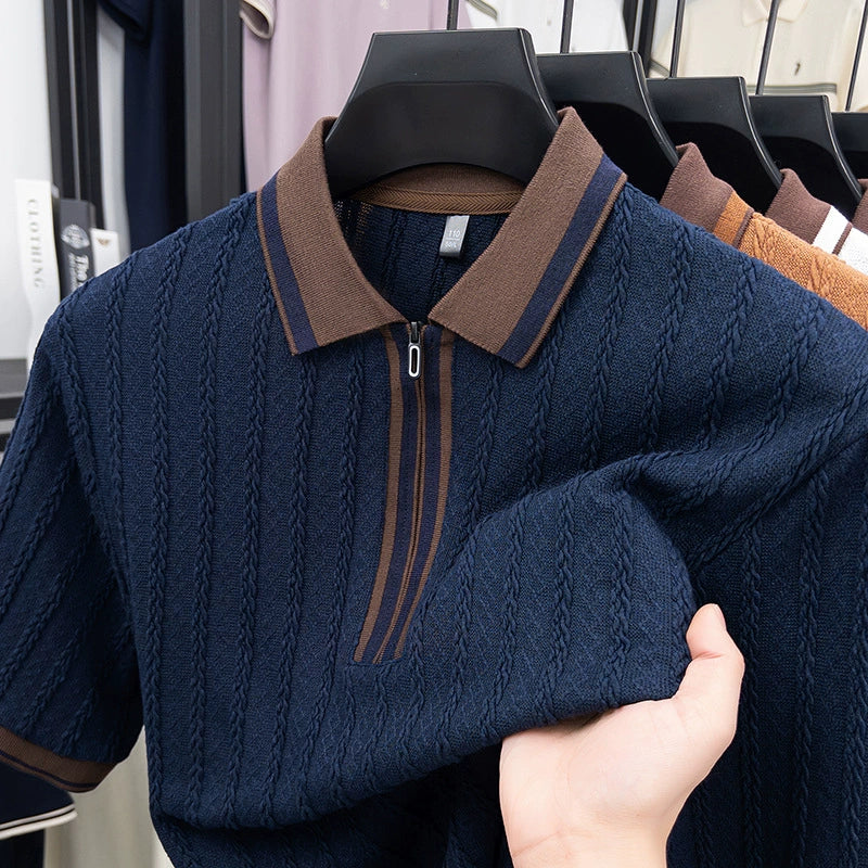 Dario Stripe Knit Polo - Navy Blue
