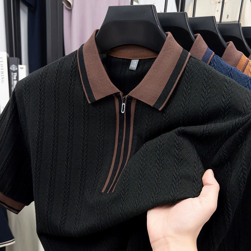 Dario Stripe Knit Polo - Black