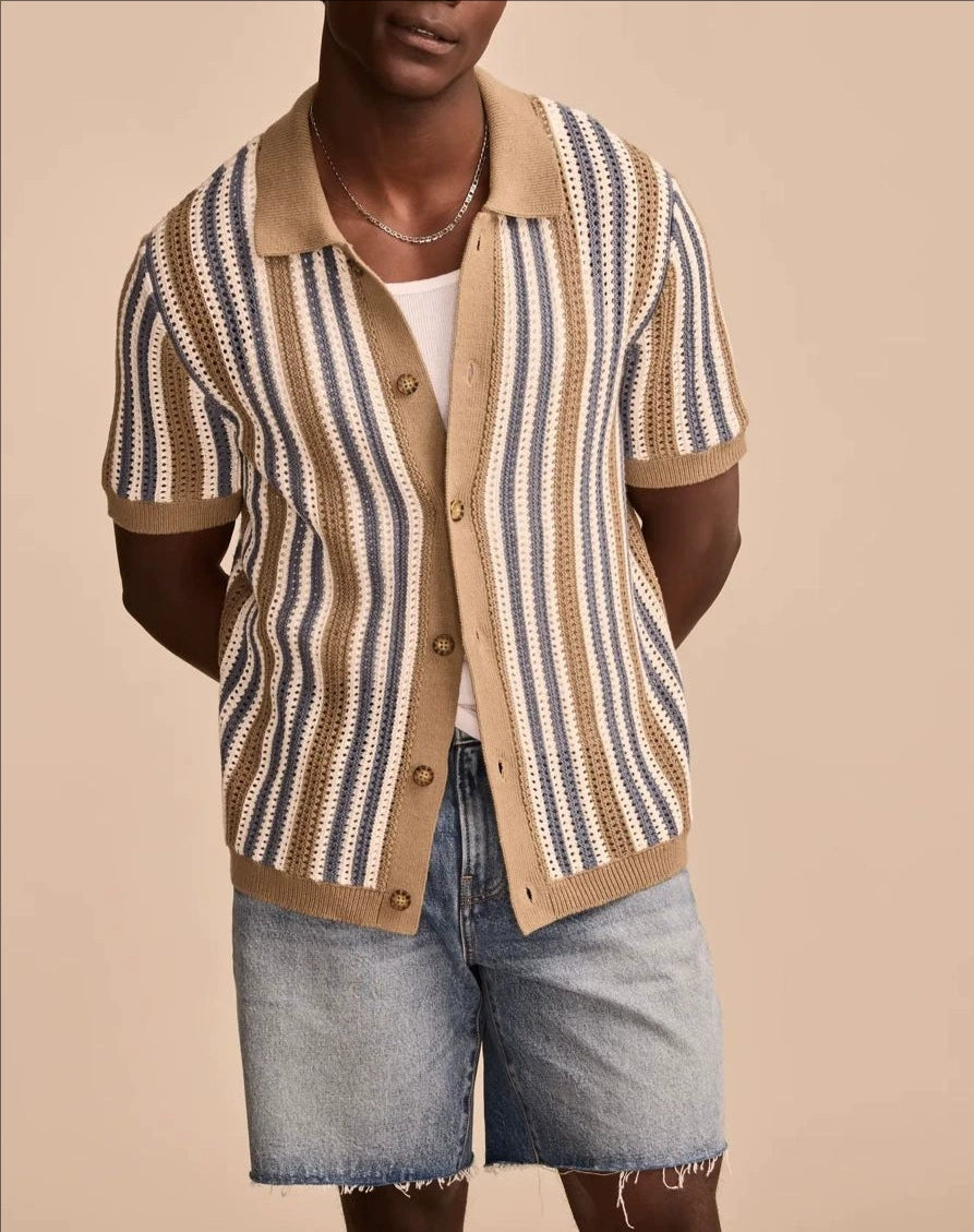 Corbin Stripe Hollow Knit Polo - Light Coffee