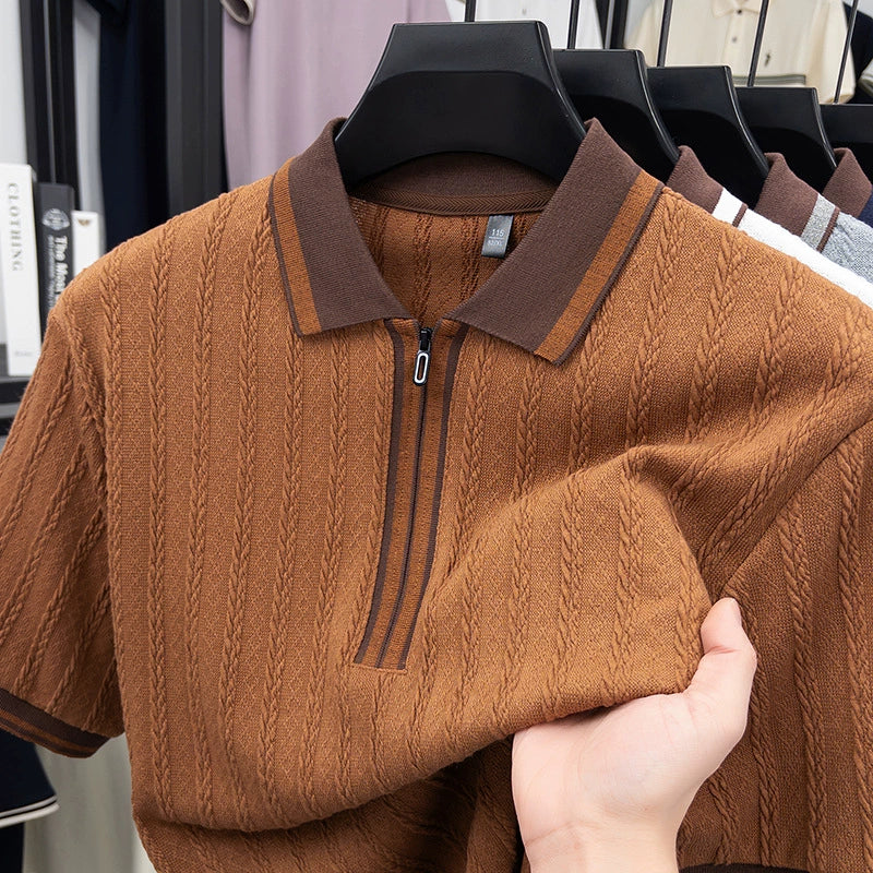 Dario Stripe Knit Polo - Coffee Brown