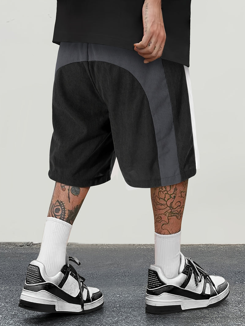 Men'S Casual Color Block Corduroy Shorts - Spring/Summer 2025 Collection, Purple/White/Black Striped and Solid Design, Loose Fit Beach and Everyday Fashion, 100% Polyester, Casual Summer Wear | Color Block Shorts | Woven Texture