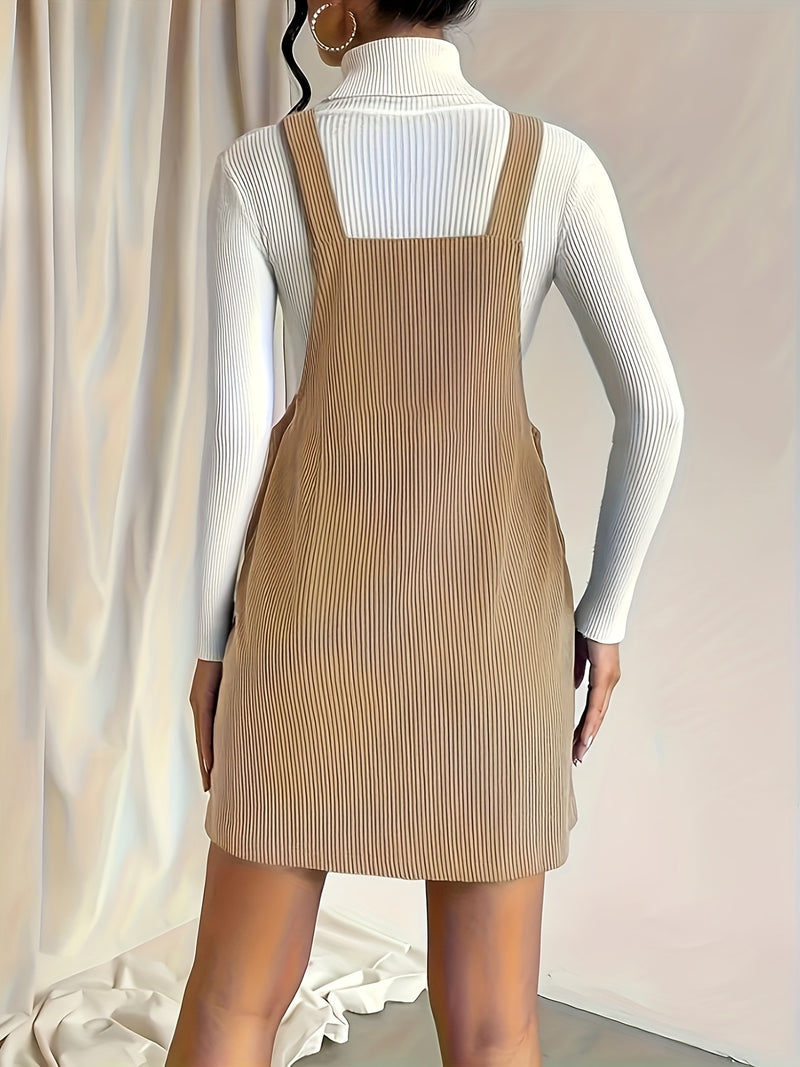 Solid Pocket Front Overall Dress, Elegant Sleeveless Dress With Buttons, Women's Clothing
