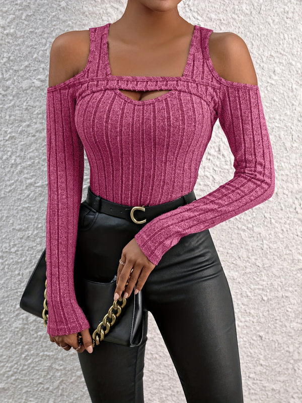 [Polyester Crew Neck Tee] Elegant Solid Color Crew Neck Tee - Polyester 96% Elastane 4% Knit Fabric, Hollow Detail, Regular Length, All Seasons - 160g/m²