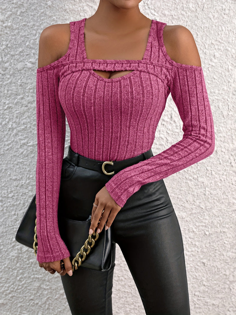 [Polyester Crew Neck Tee] Elegant Solid Color Crew Neck Tee - Polyester 96% Elastane 4% Knit Fabric, Hollow Detail, Regular Length, All Seasons - 160g/m²