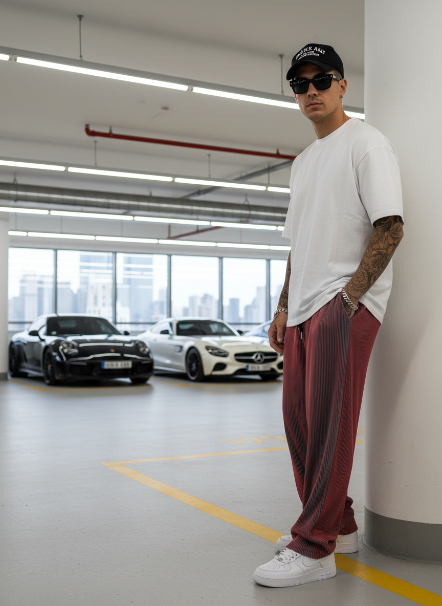 Man in luxury skyrise garage with striped pants